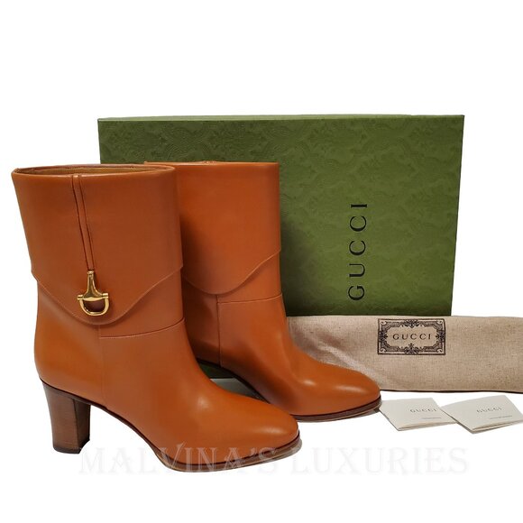 GUCCI BOOTS ELIZABETH HEELED ANKLE BROWN LEATHER w HORSEBIT - Picture 5 of 16